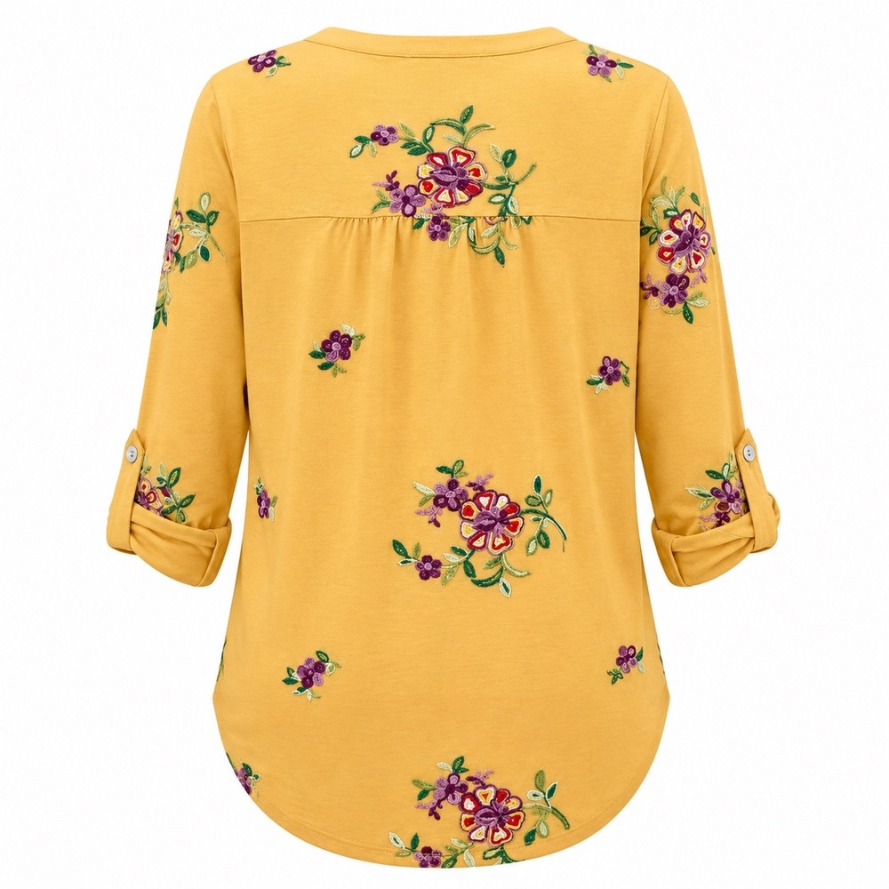 Figueroa & Flower Yellow Floral Embroidered Roll Tab Sleeve Button Down Top S - Picture 3 of 14